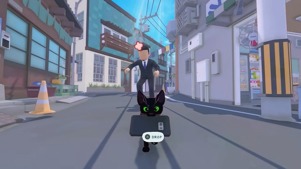 A screenshot from the official trailer by Double Dagger Studio. The image shows a salaryman running after a black cat with a mobile phone in their mouth. 