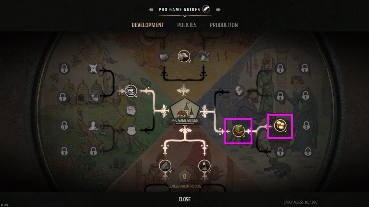 Manor Lords Development skill tree showing trading updates