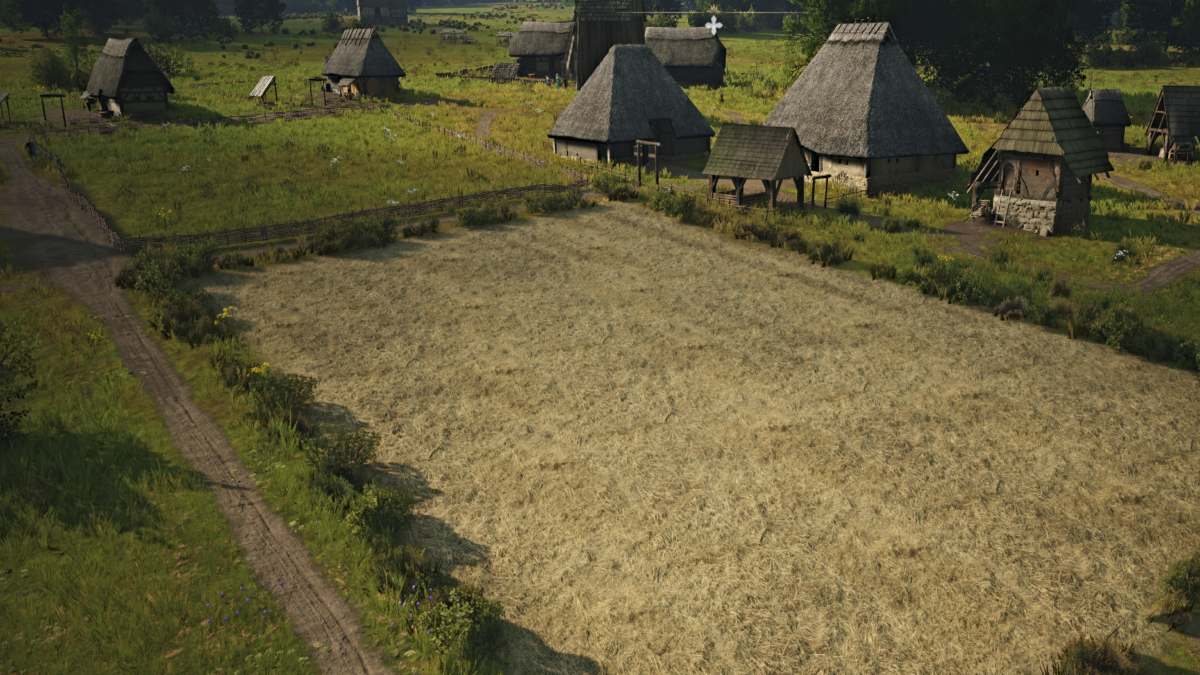 Manor Lords a working farm with crop fields in fallow