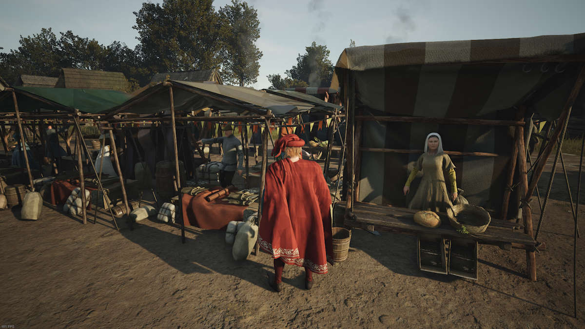 Villagers selling food on the market in Manor Lords