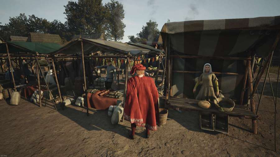 Villagers selling food on the market in Manor Lords