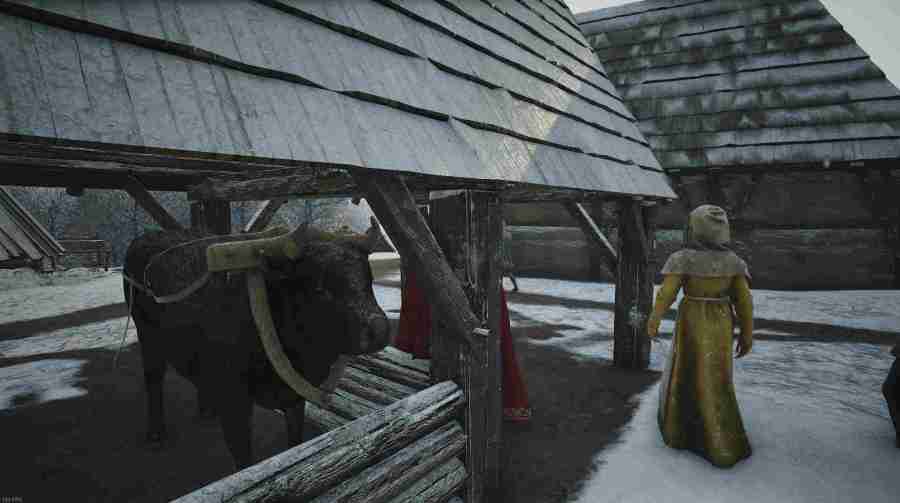 Ox resting in stable in Manor Lords
