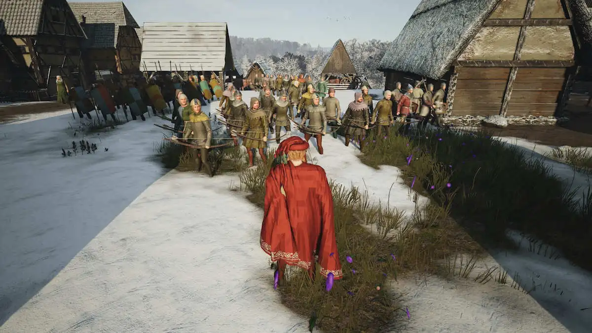 Manor Lords player inspecting troops in village