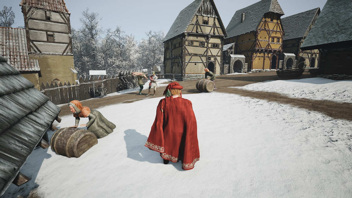 Lord walking in the snow-covered village in Manor Lords
