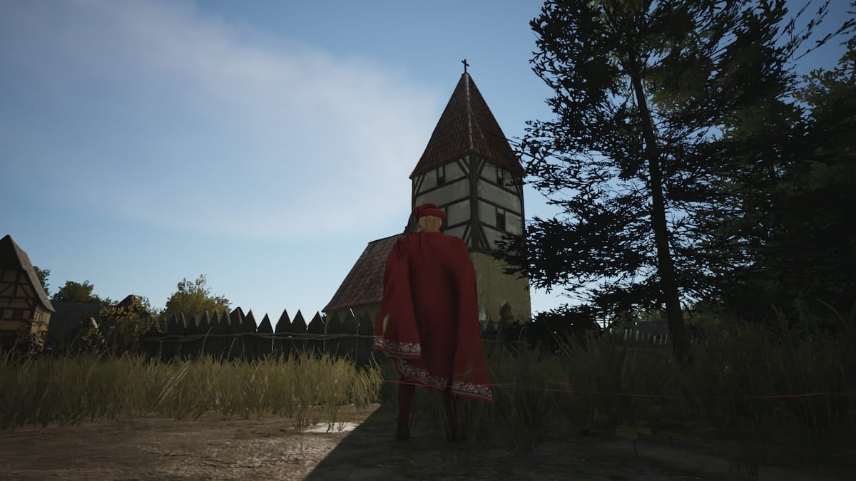 Manor Lords player standing in front of the church praying for more content