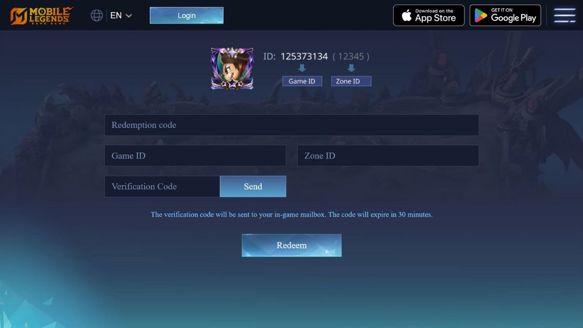 Mobile Legends Bang Bang redeem page