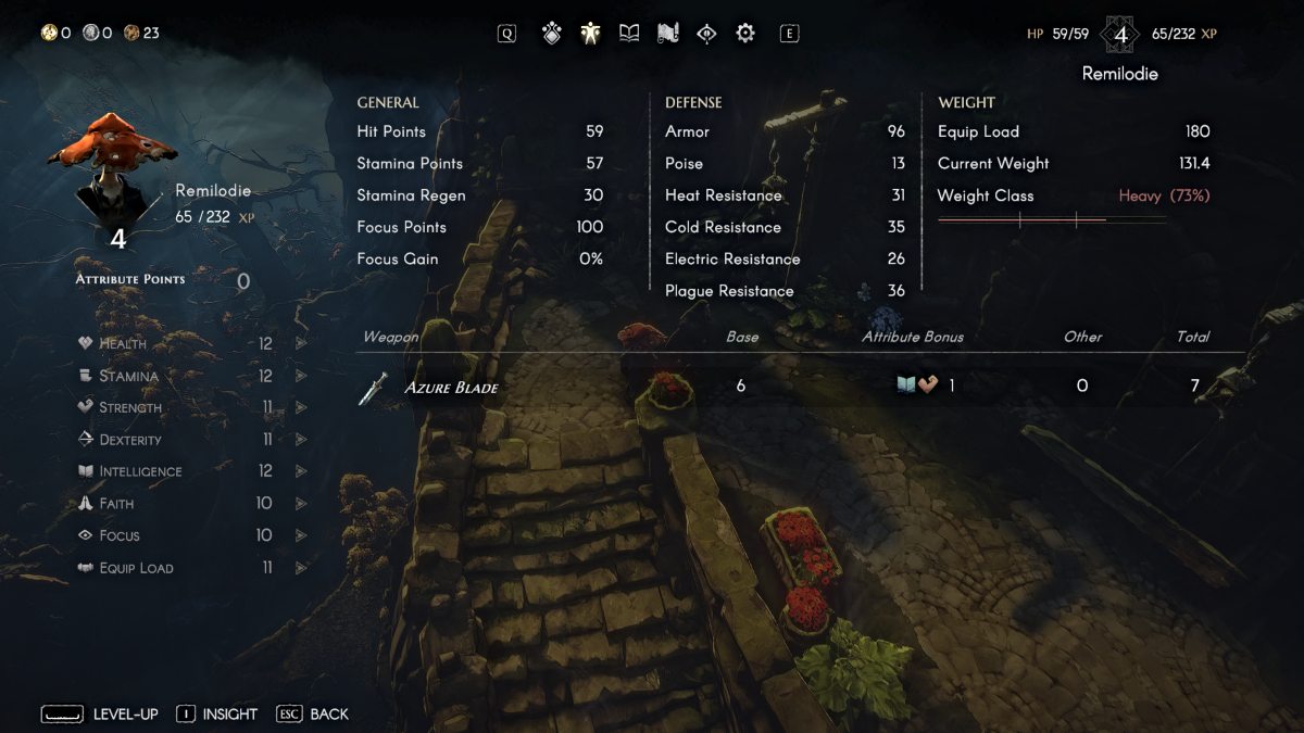 No Rest for the Wicked the in-game character stats menu