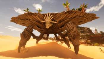 Oasisaurus walking along the Scorched Earth map in ARK Survival Ascended