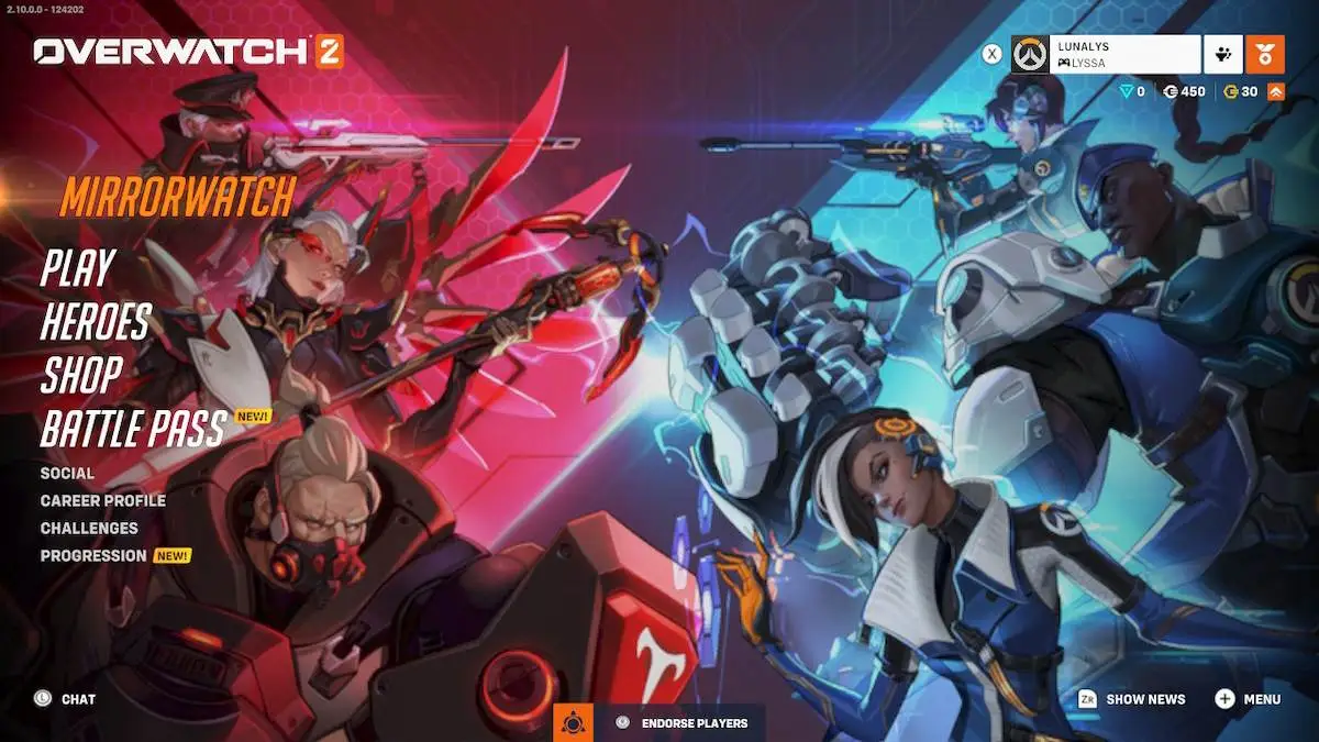 A screenshot of the main menu during the Overwatch Mirrorwatch event. It shows the screen split between characters washed in a red light on the left and a blue light on the right, with Overwatch's main menu options down the left-hand side. Characters on the left in red are Reinhardt, Mercy, and Ana. On the right in blue are Sombra, Doomfist, and Widowmaker.