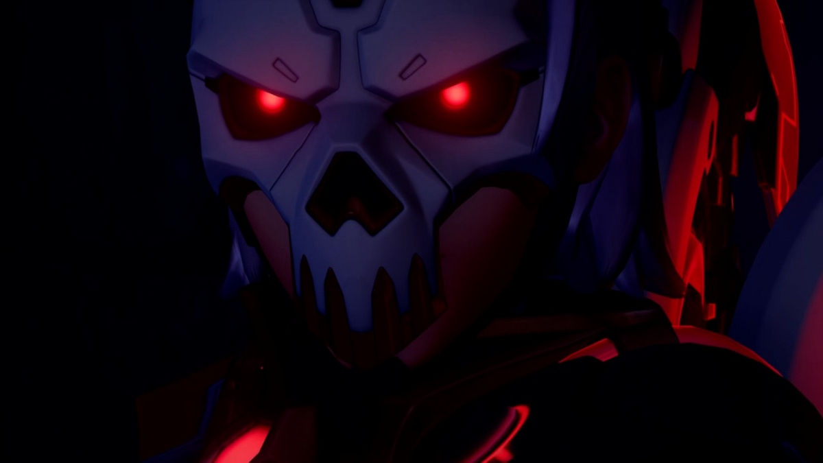 Screenshot showing a close-up of Mercy's new Vengence skin. She's wearing a skill mask and has glowing red eyes.