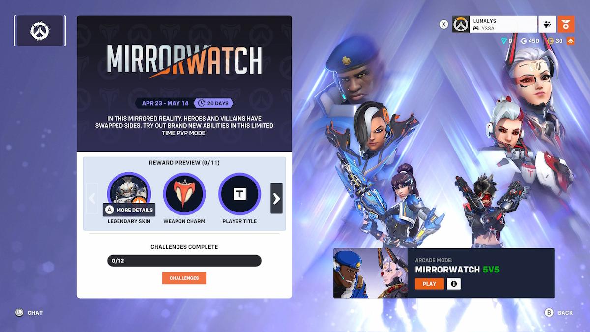 A screenshot of the main Mirrorwatch event menu, showing the first three rewards and information about the event on the left. On the right, there are six characters featured - Doomfist, Sombra, Widowmaker, Tracer, Brigitte, and Mercy.