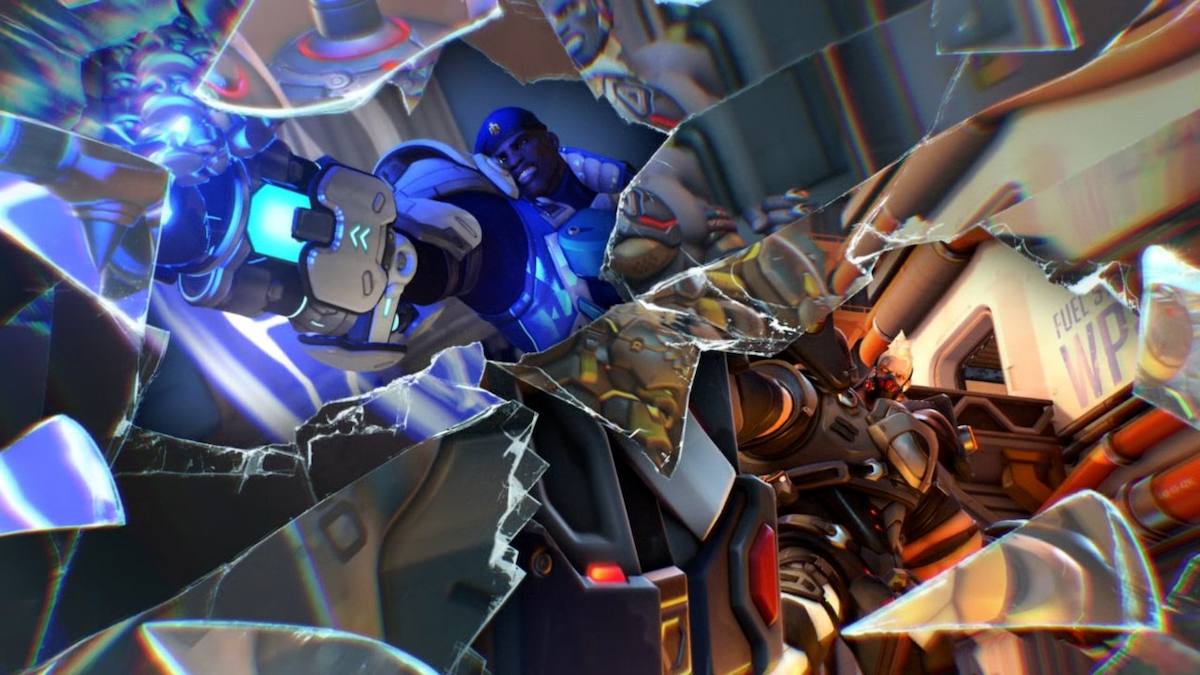 A screenshot from the Mirrorwatch event introduction, showing Doomfist bursting through the glass in his Strike Commander outfit. Behind him is Fallen Knight Reinhardt.
