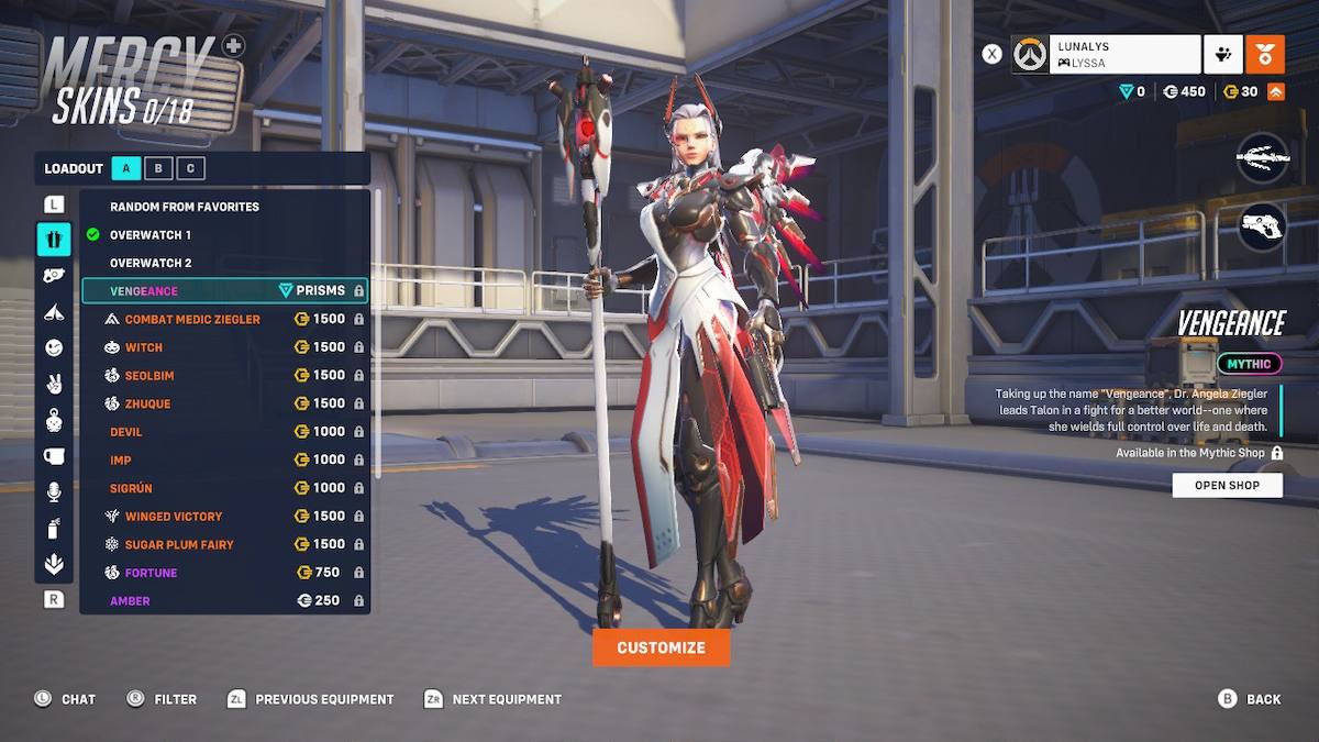 A screenshot showing the basic version of Mercy's new Mirrorwatch skin. It shows Mercy in a white, black, and red outfit, with horns sticking out of her hair on either side of her head.