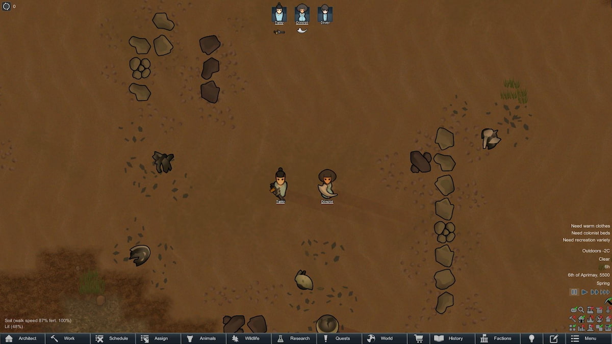 Two colonists in Rimworld each holding a melee and a ranged weapon.