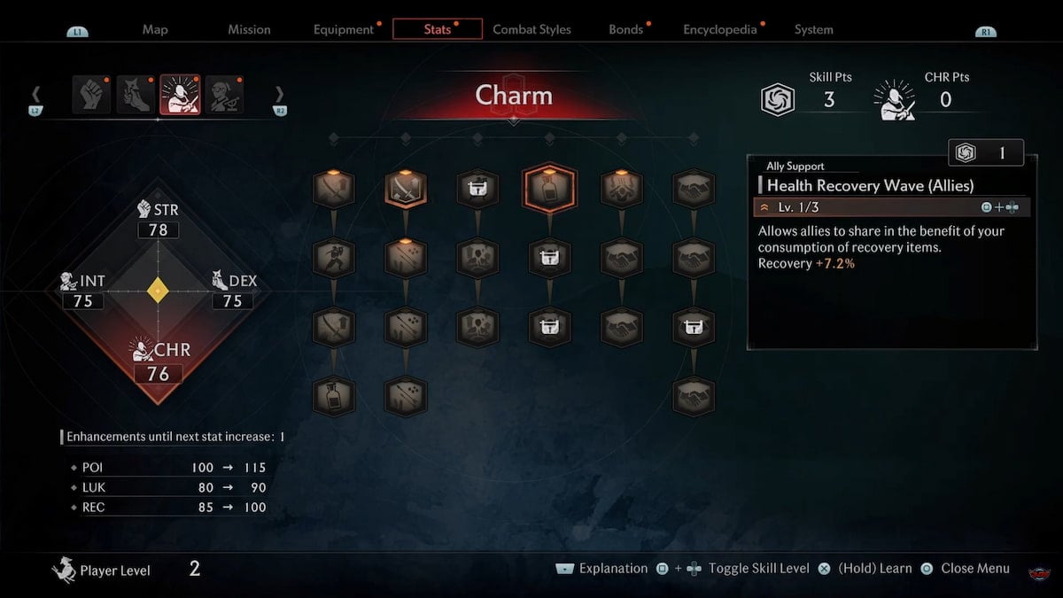 Rise of the Ronin Charm stats screen