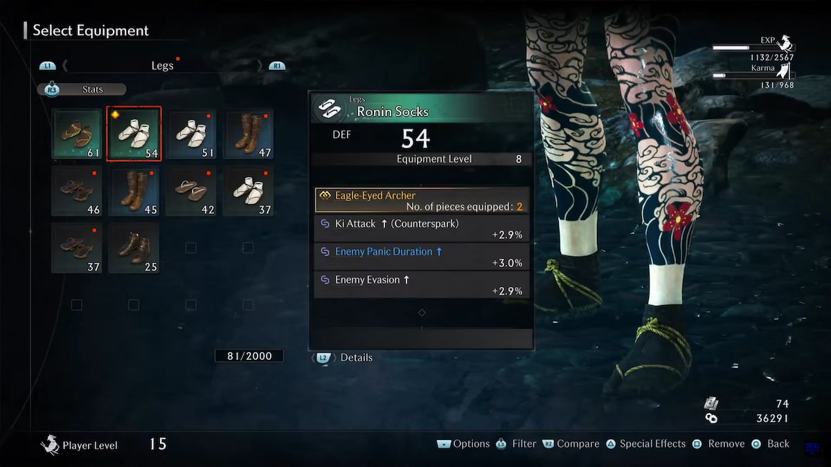 Equipment screen showing Legs armor in Rise of the Ronin