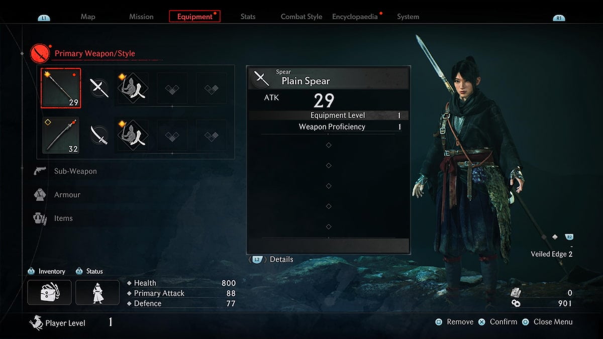 Equipment menu selection in Rise of the Ronin
