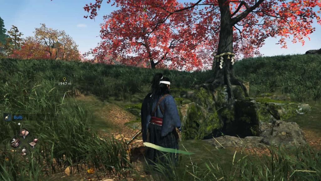 Veiled Edge warrior looking at an underground cave in front of a tree in Rise of the Ronin