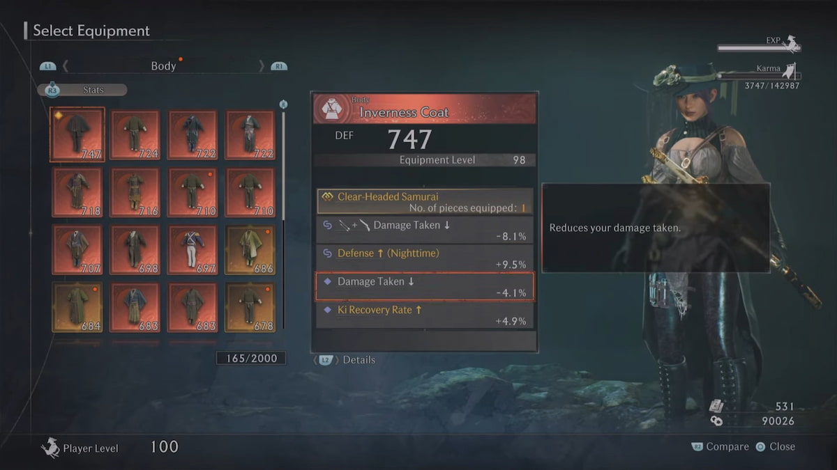 Player's Select Equipment screen showing Armor in Rise of the Ronin