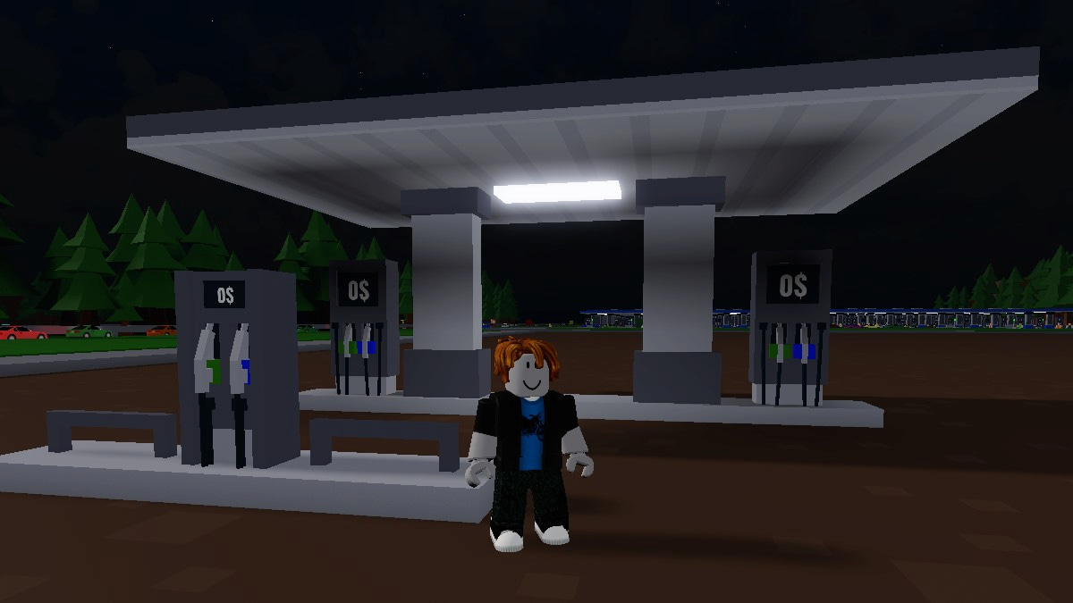 Player standing in front of the gas station in Roblox Gas Station Simulator