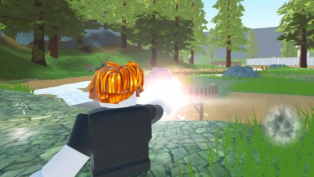 Player battling an opponent using magic in Roblox Mystic Magic