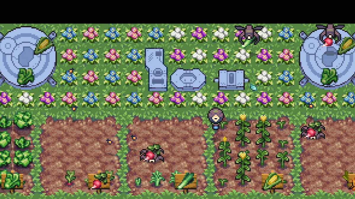 Two biofuel generators sit on each side of the farm, with colorful flowers between them. There are crop patches at the front. 