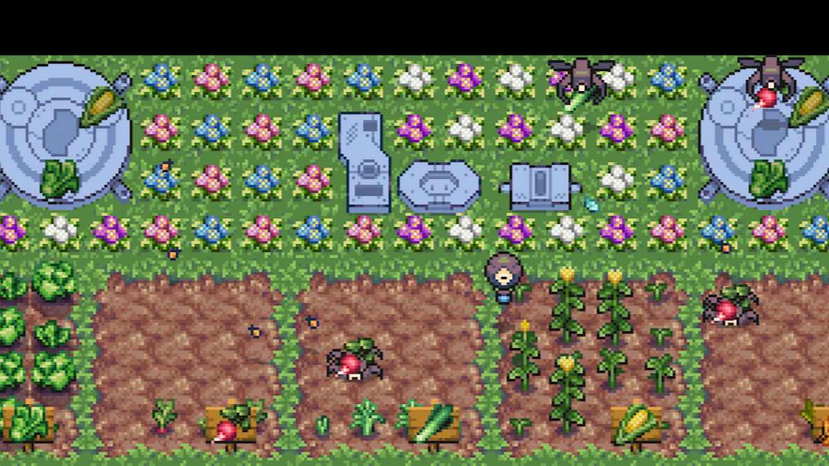 Two biofuel generators sit on each side of the farm, with colorful flowers between them. There are crop patches at the front.