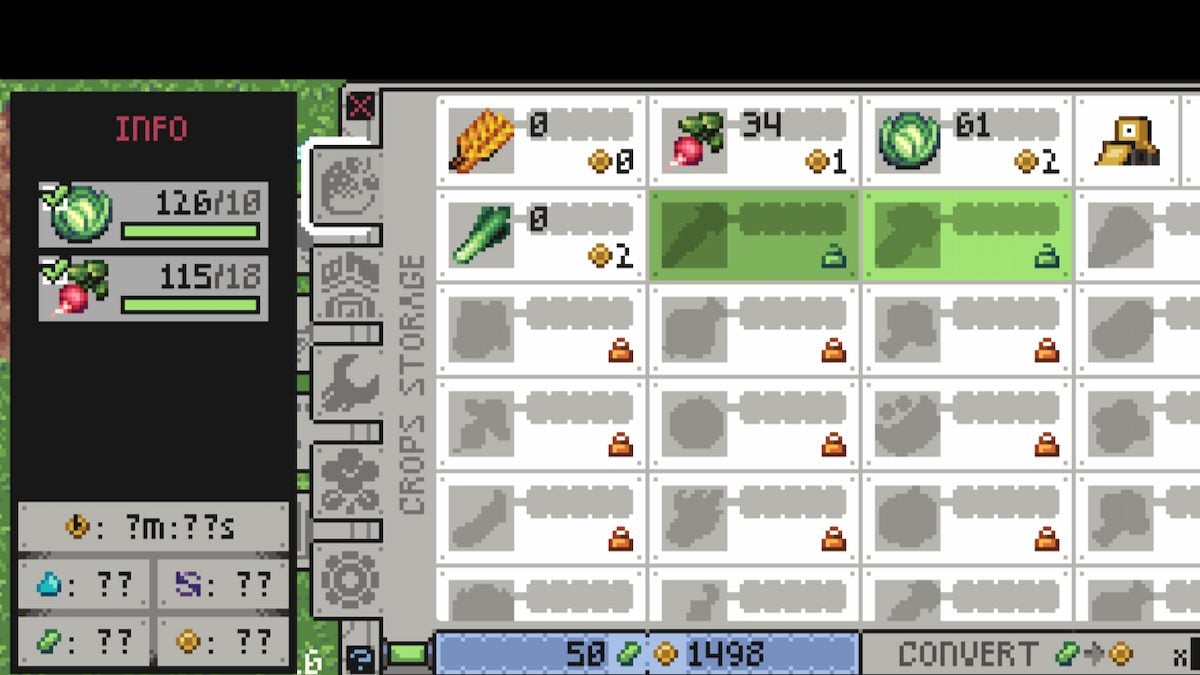 The harvest menu in Rusty's Retirement, showing how to unlock carrots in the game.  There are several empty points in the harvest list that are still unlocked.