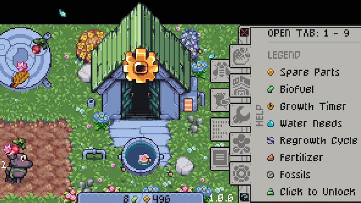 Rusty's farm house with an open menu on the right showing the symbols in the game and what they mean.