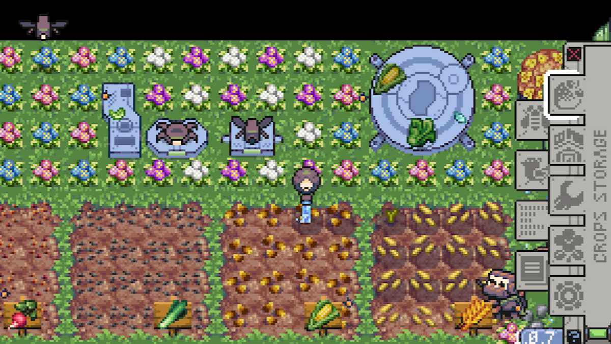 A shiny farm on Rusty's Retirement with four crops that are full of new crop seeds.  The scraps have crop marks on the front. 