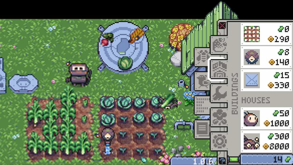 A newer farm with two crop patches growing vegetables early on in the game. A single biofuel generator sits above the crop patches.