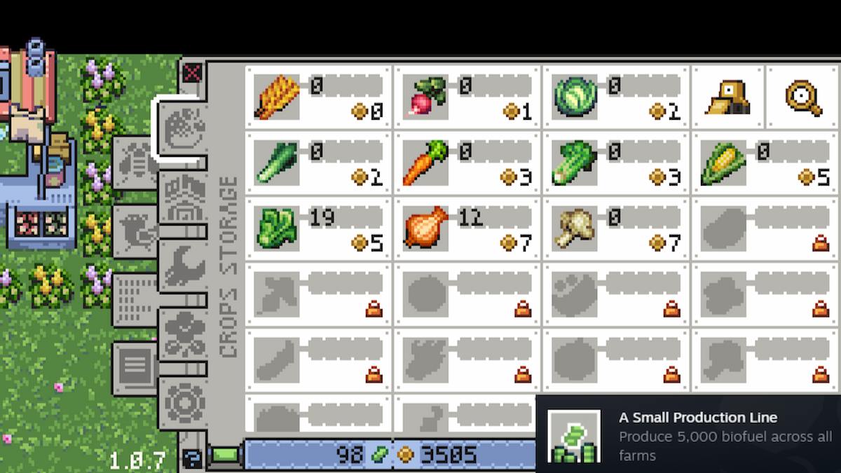 The Rusty's Retirement crop menu sits open on the screen above a Steam achievement for the game, which shows that the player has unlocked the 5000 Biofuel achievement, 'Small production line'. 