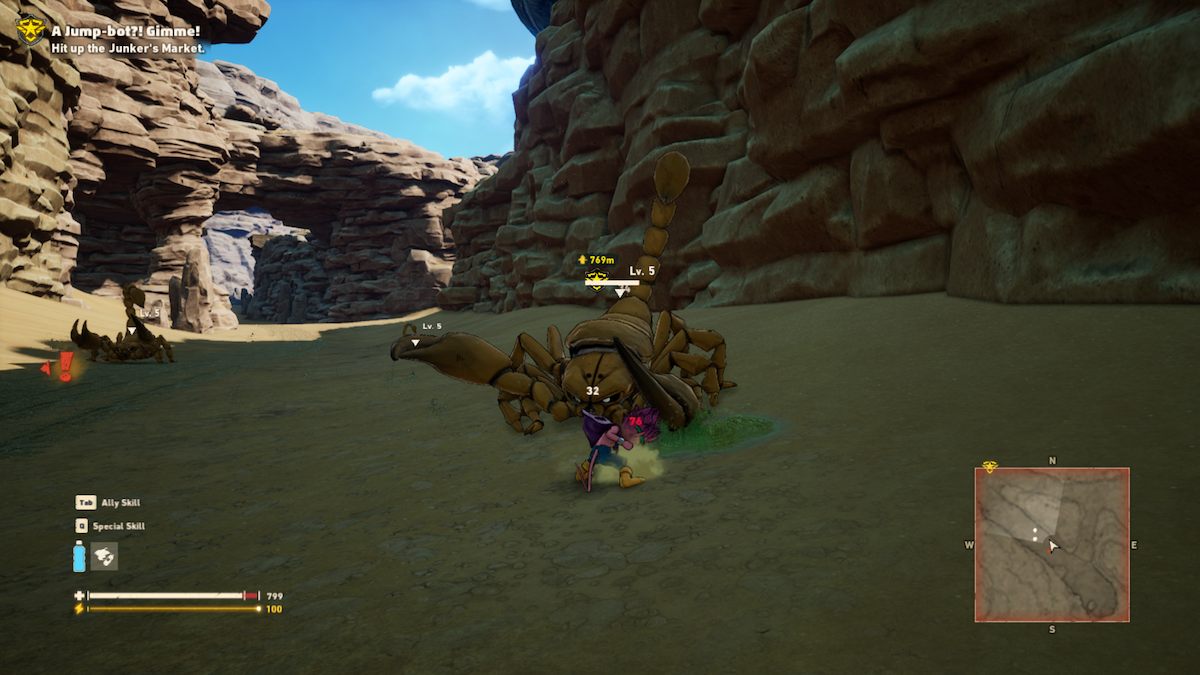 A screenshot from Sand Land showing Beezlebub fighting off a scorpion in a patch of shade. There's a towering rockface in the background.