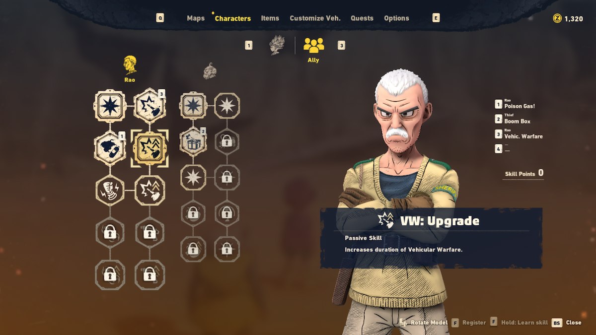 A screenshot from Sand Land showing the character skill leveling screen. The screen is set to show Rao's skills, and is highlighting the "VW: Upgrade" skill.