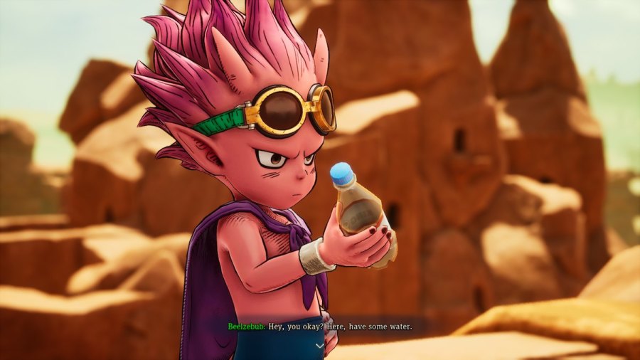 Beelzebub offering a bottle of water while saying "Hey, you okay? Here, have some water."