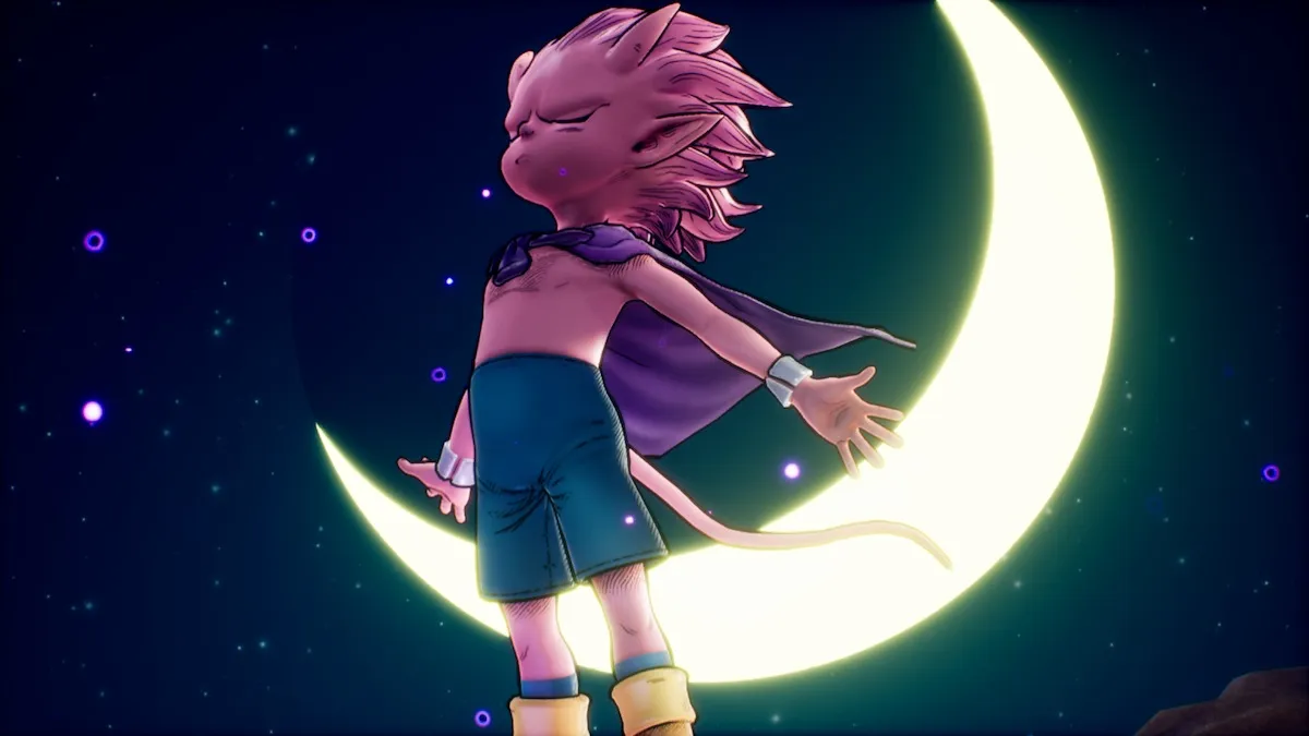 A screenshot from Sand Land during a cutscene, showing Beelzebub standing with his back to a crescent moon and his eyes closed.