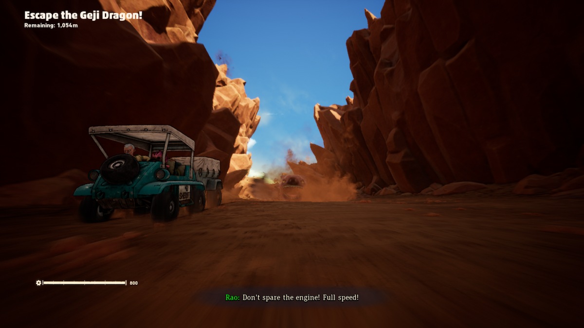 A screenshot from Sand Land, showing the beginning of the "Escape the Geji Dragon!" quest, with the Geji Dragon creature in the distance, and a green vehicle to the left of the road. There are towering cliffs on both sides of the road.