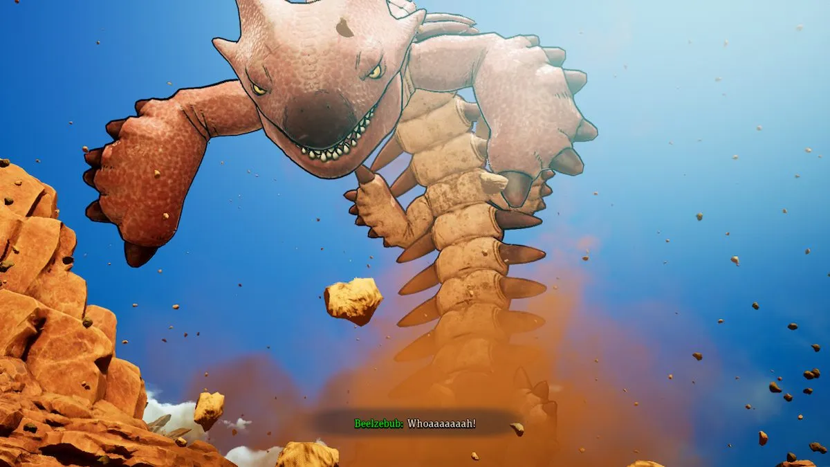 A screenshot from Sand Land, showing the beginning of the "Escape the Geji Dragon!" quest, with the Geji Dragon creature towering over everything. The creature is pinkish in color, and has darker spikes covering its body on both sides.