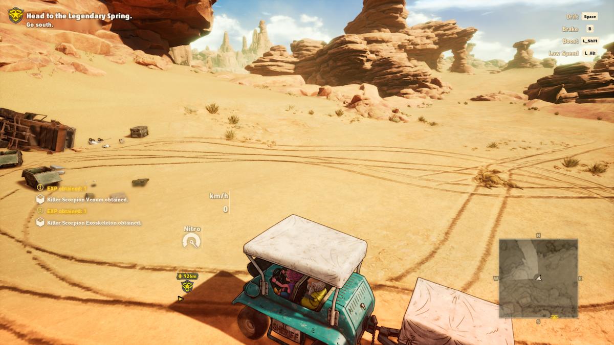 Rao's vehicle in the driving around the Sand Land. There are several rock formations in the distance. To the left of, there are notifications telling the player that they have collected Killer Scorpion Venom and a Killer Scorpion Exoskeleton.