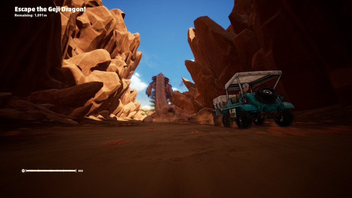 A screenshot from Sand Land, showing gameplay of the "Escape the Geji Dragon!" quest, with the Geji Dragon creature in the distance. Its body is contoured as it gets ready to start chasing you. The player vehicle is on the right side of the screen, driving on a sandy road. There are towering cliffs encasing the road on both sides. 