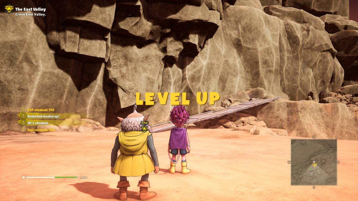 A screenshot from Sand Land showing a "LEVEL UP" announcement while Thief and Beelzebub stand near each other with their backs to the player.