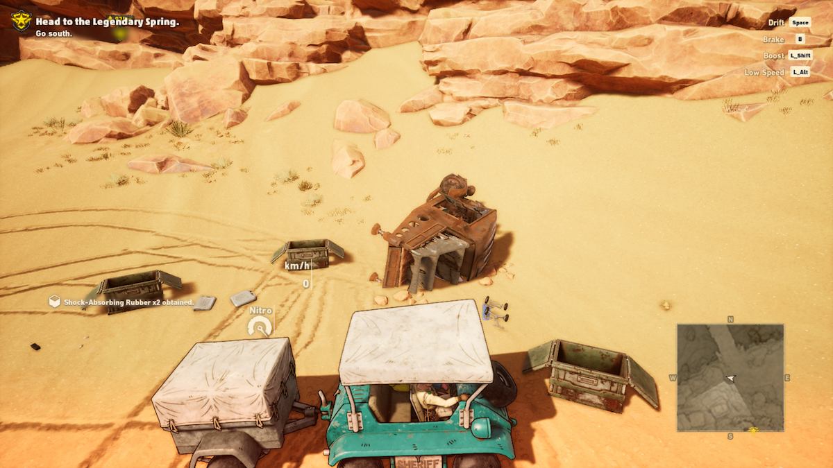 A screenshot of Sand Land gameplay showing the player's vehicle near another vehicle on its side has clearly been there for a while.  There are three open boxes around the player's vehicle.