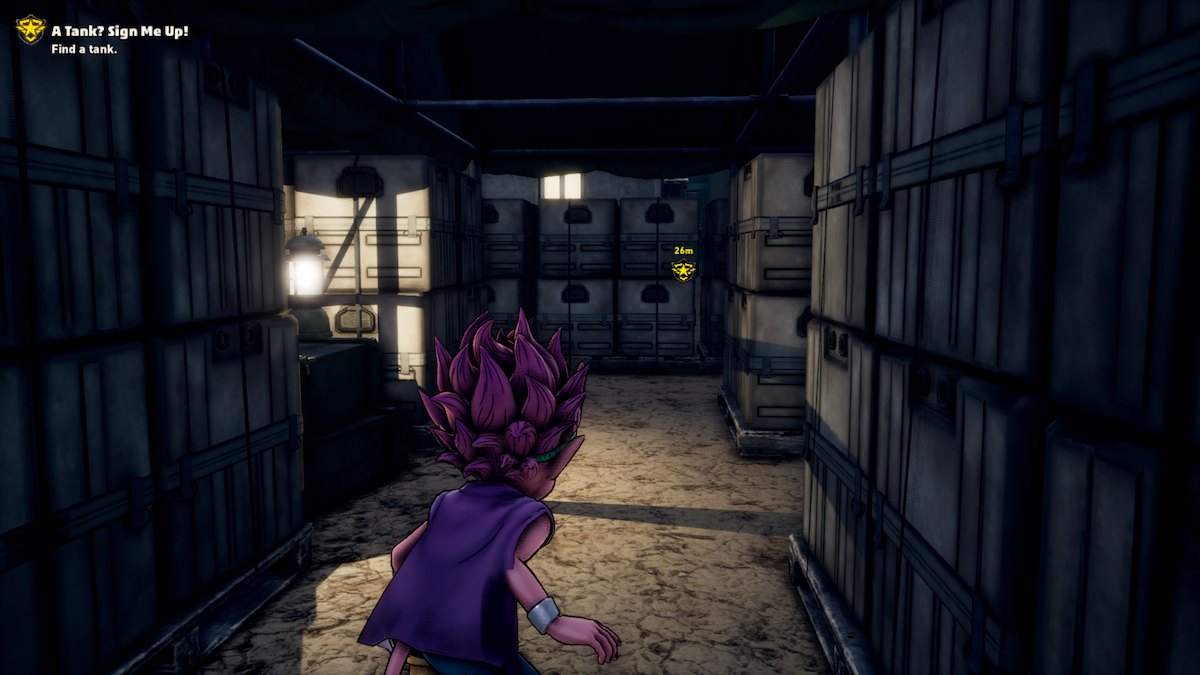 A screenshot from Sand Land, showing Beelzebub in stealth mode, sneaking through a path between piles of cargo boxes. There's a lamp off to the left.
