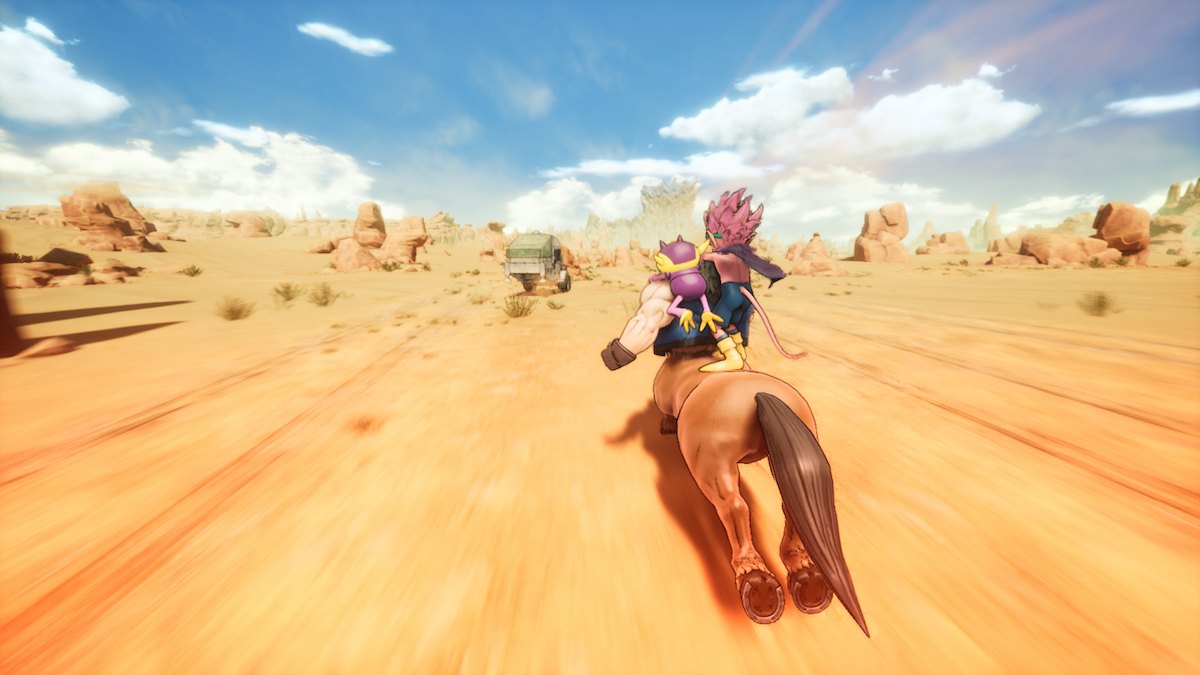 A screenshot of Sand Land gameplay showing the first chase scene in the game, with Beelzubub riding on the back of Centaur while chasing down a human's vehicle.