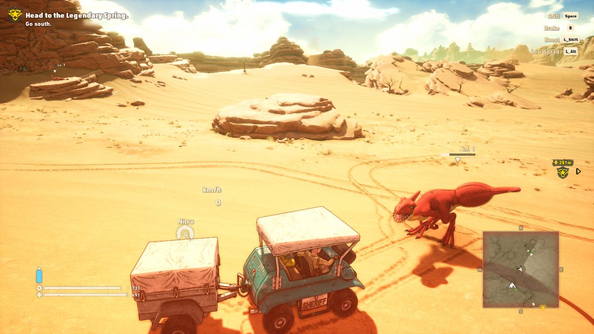 A screenshot of Sand Land gameplay showing the player's vehicle facing down a small, red raptor. The raptor is level 1.