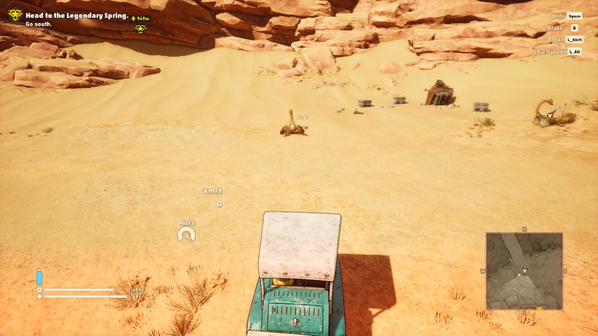 A screenshot of Sand Land gameplay showing the player's vehicle facing a small, yellow scorpion sitting in the distance. The scorpion has its tail up in defence.