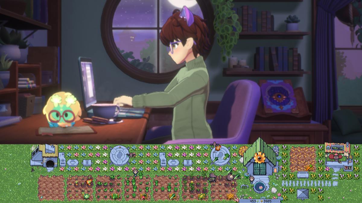 A brunette femme-presenting avatar of Spirit City: Lofi Sessions types on their laptop while Rusty's Retirement shows the full layout of a farm at the bottom of the screen. 