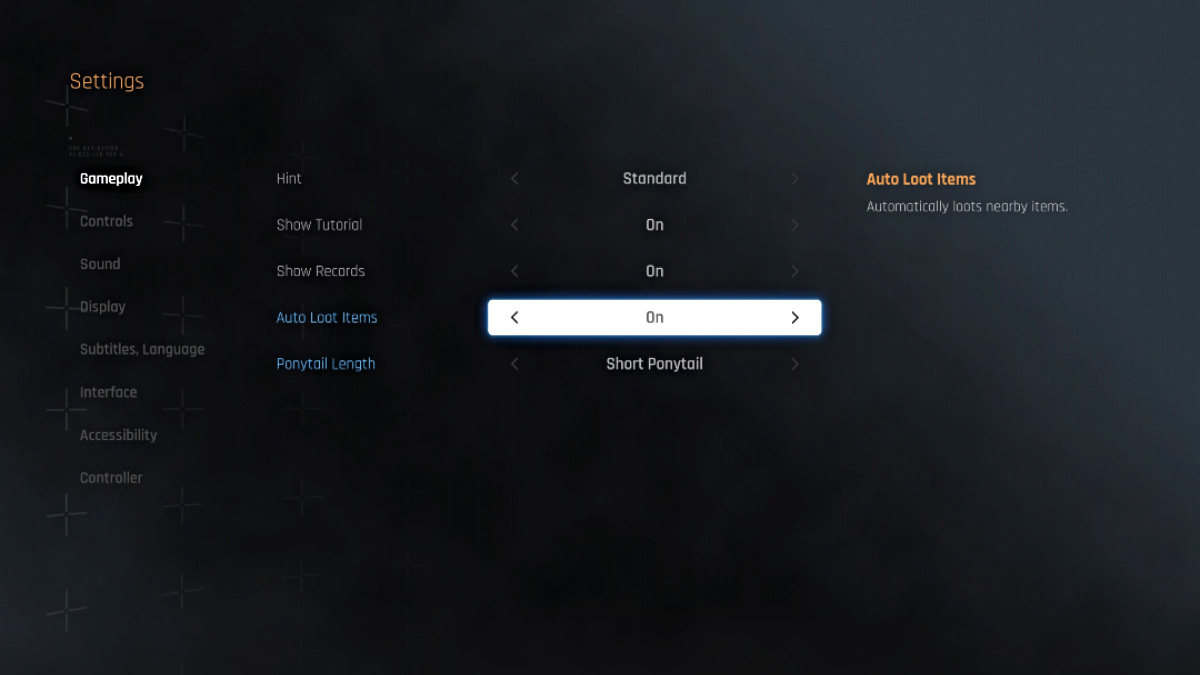 Stellar Blade the gameplay settings menu where auto loot can be enabled