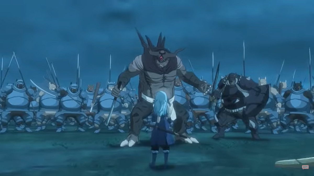 Screenshot of some gameplay from the That Time I got Reincarnated as a Slime official trailer. Shows Rimuru standing before an army of monsters that tower over him. The monsters are black with clawed feet and horns. Those in the background are wearing blue pieces of armor.