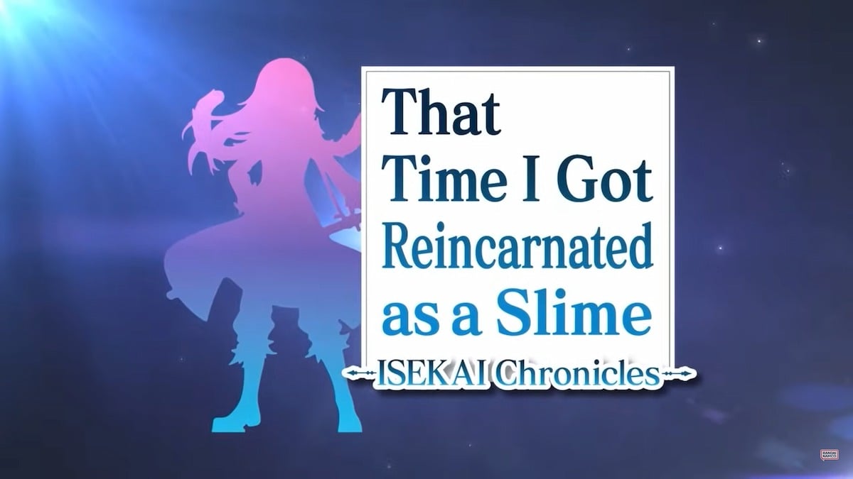 Screenshot of the title screen from the That Time I got Reincarnated as a Slime official trailer. Shows the title of the game in a white box on the right, and a colorful silhouette of Rimuru on the left of the box.